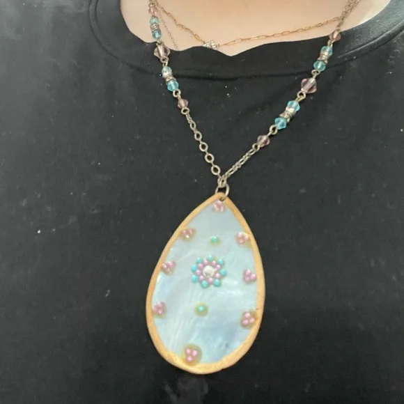 Gold,blue and pink Pendant Necklace