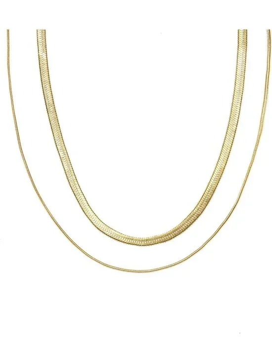 18K Gold Plated Double Herringbone Chain Necklace - Minimalist Layering Jewelry