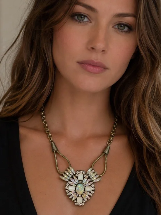 Baublebar AB Rhinestone Iridescent Cabochon Statement Necklace Gold Tone Glam