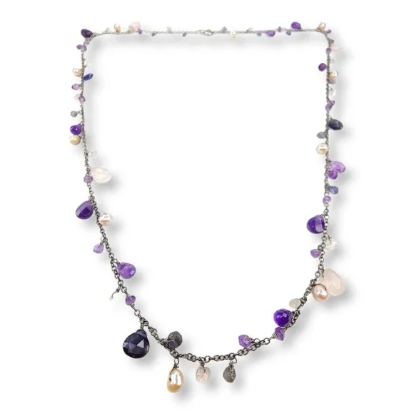 Sterling Silver‎ 925 Necklace Faceted Amethyst Clear Quartz Pearl Beaded Dangle