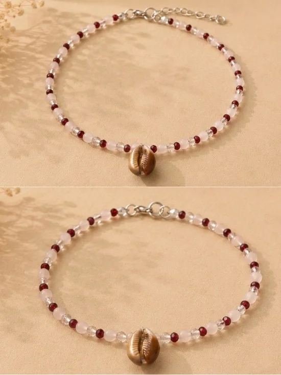 Beaded Shell Choker Necklace - Pink & Burgundy