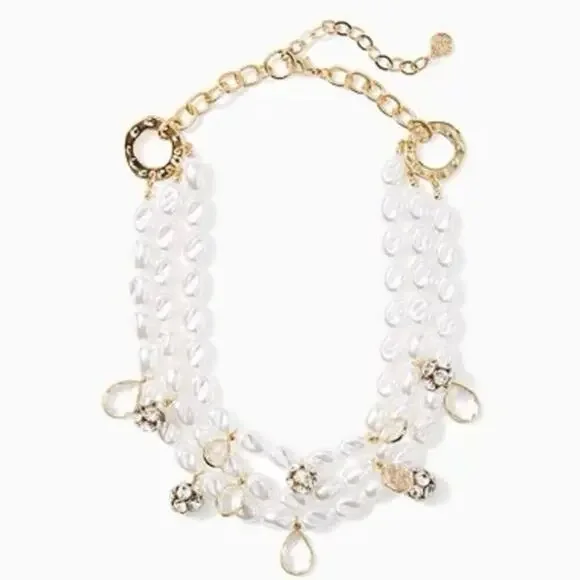 Lilly Pulitzer Resort White Dreamy Faux Pearl Pave Beads Gold Necklace New‎