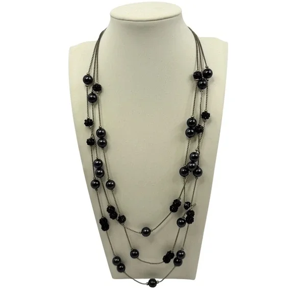 Roman Black‎ Faux Pearl Multi Strand Necklace Gunmetal Tone Beaded Whimsigoth