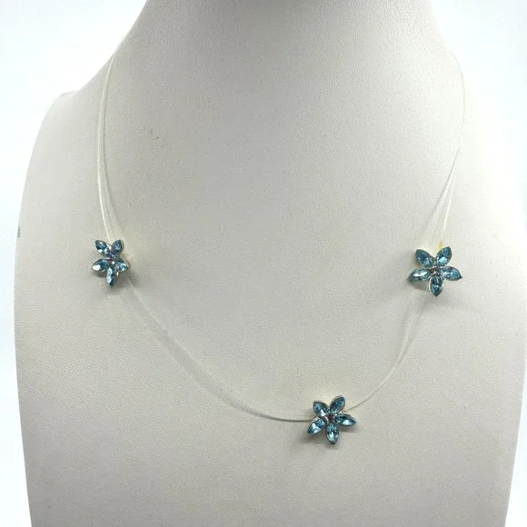 Blue Crystal Flower Illusion Necklace Floating Gem Dainty Boho Wedding Jewelry