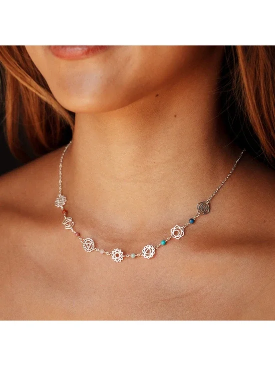 Lotus and luna, Silver Seven Chakras Healing Necklace