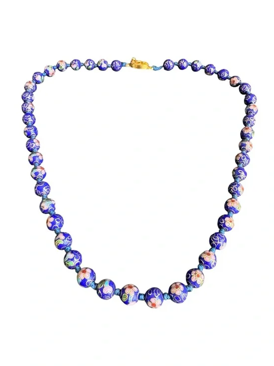 Vintage Cloisonné Necklace Cobalt Blue Beaded Chinese Export 10K Gold Plated 19