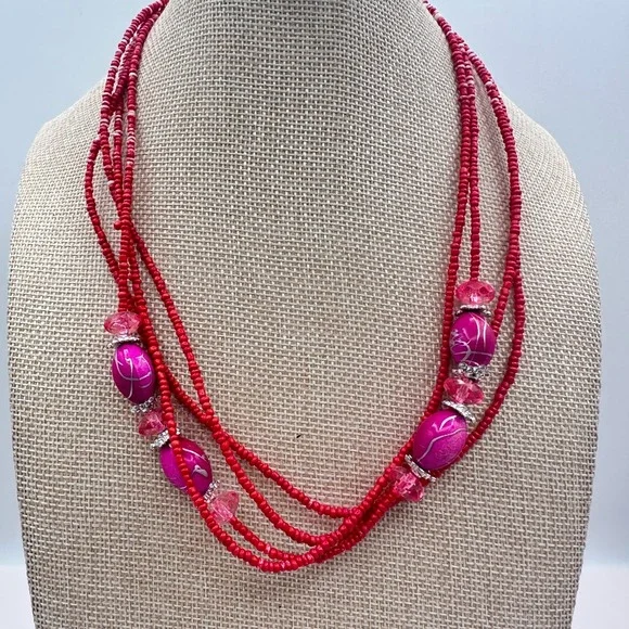 Vintage Y2K Silver Tone Multi Strand Red & Pink Beaded Necklace Jewelry