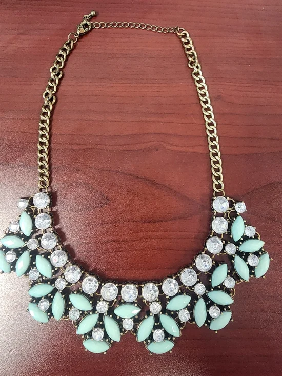 Anthropologie Gold-Tone Bib Necklace with Mint Green and Clear Stones