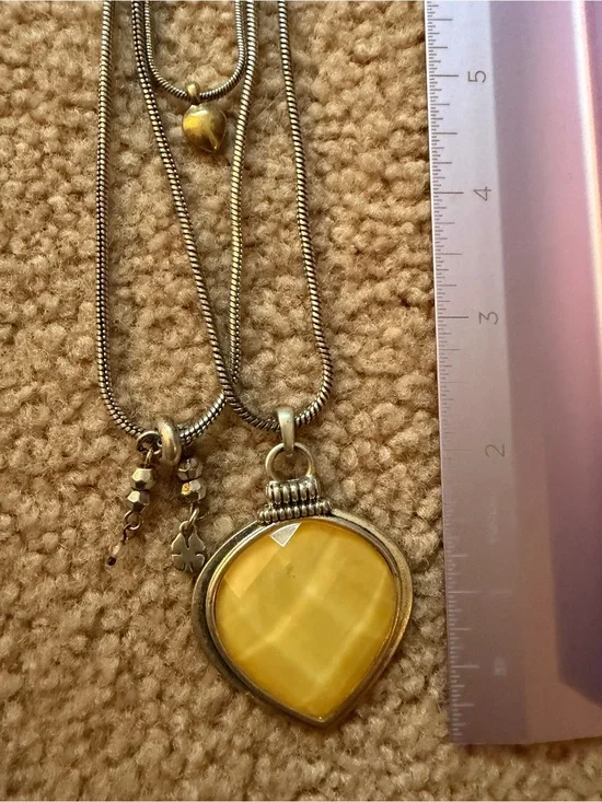 Silver Tone Multi Strand Necklace Yellow Teardrop Pendant Gold Heart Charms