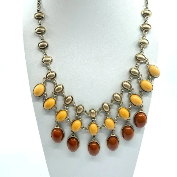 Vintage Amber & Yellow Cabochon Gold Tone Layered Bib Necklace