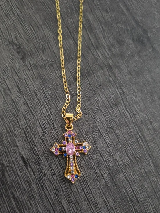 Gold Cross Pendant Necklace with Pink and Purple Stones