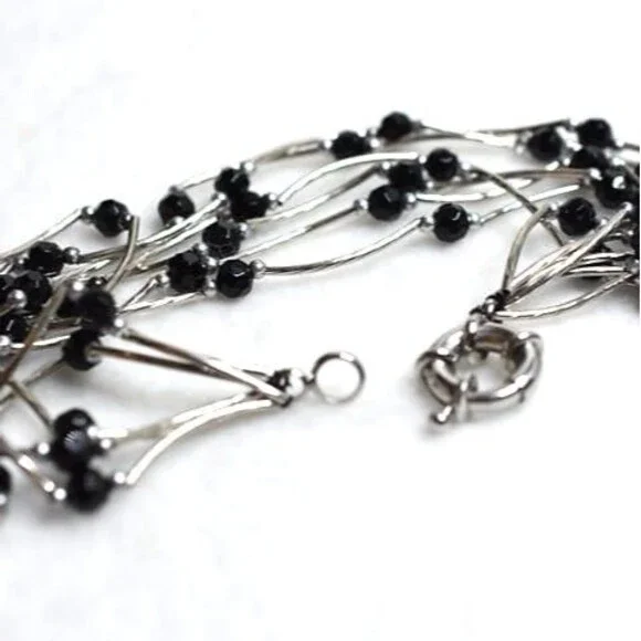Vtg Captivating Multi Strand Silver Tone Tube Black Faux Pearl Bib 20