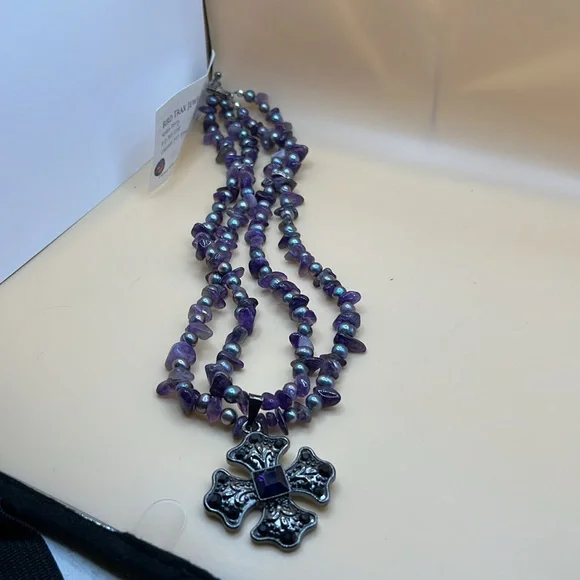 Handmade Freshwater peacock pearls & amethyst multi strand necklace 22”