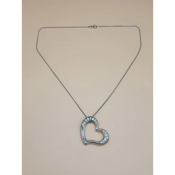 Tilted Heart Signed 925‎ Sterling Silver Plate With CZ Accents Necklace