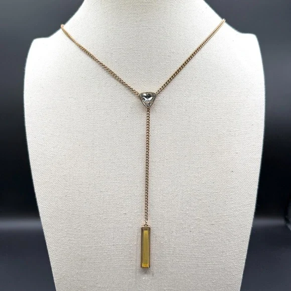 Gold Tone Y Drop Lariat Necklace Clear Triangle Crystal Amber Tone Bar Pendant