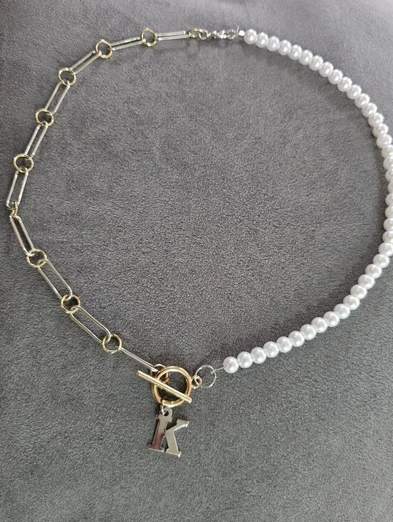 Gold & White Pearl Chain Necklace with Initial K Charm