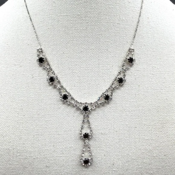 Black Clear Rhinestone Y Drop Silver Tone Necklace Gothic Formal Cocktail Gift
