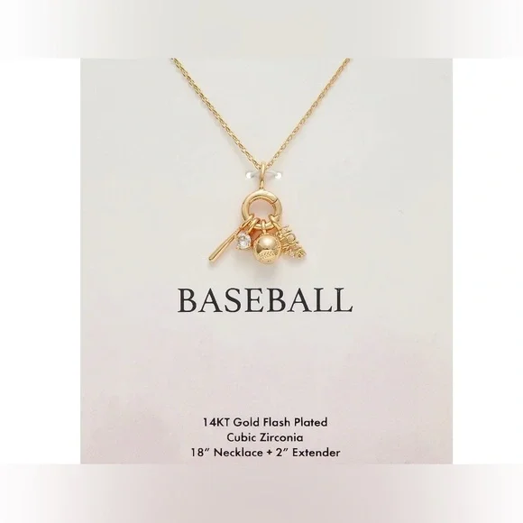14KT gold plated cz solitaire 18” baseball‎ Home Run monogram necklace brand new