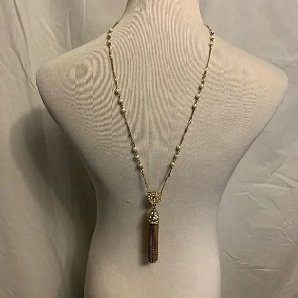 Gold and Pearl Long Tassel Necklace