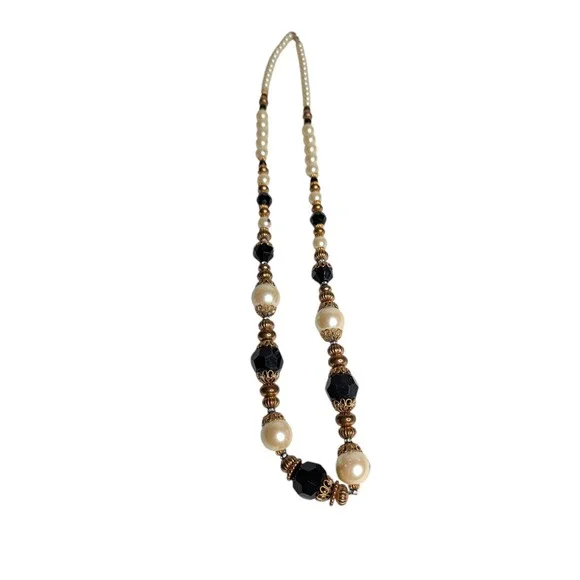 Vintage Style Black and‎ Cream Faux Pearl Beaded Necklace Gold Tone Accents