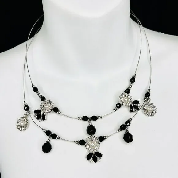 Ruby Rd. Two Strand Wire Layered Rhinestone Necklace Silver Black Tone 4448
