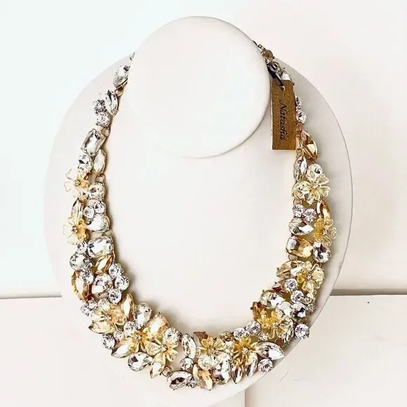 NWT So Gorgeous Natasha Flowers Gold white Crystal Stones Statement Necklace