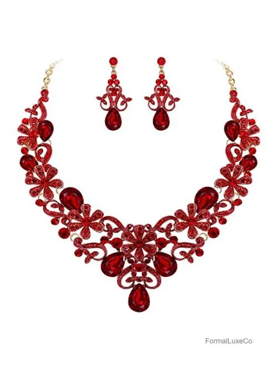 Crystal Floral Teardrop Necklace and Earring Jewelry Set for Wedding Prom