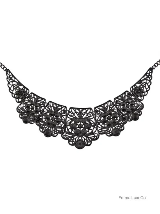 Matte Filigree Floral Cut Out Chunky Statement Bib Collar Necklace Costume