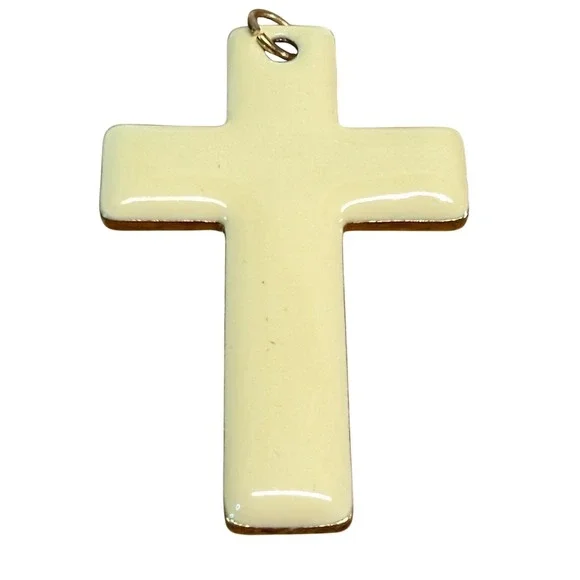 Vintage Cross Pendant Cream Gold‎ Tone Trim Enamel Religious Christian Jewelry