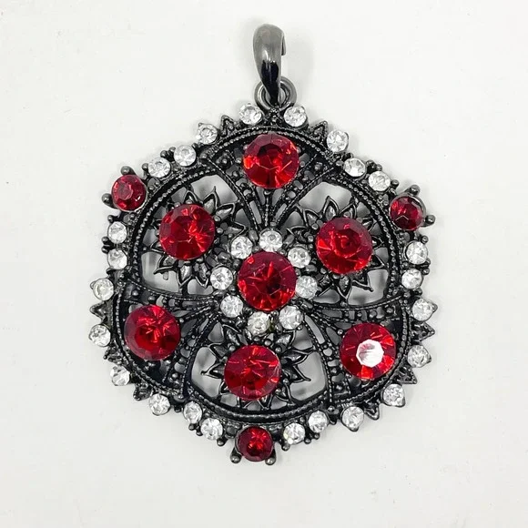 Gunmetal Filigree Pendant Red Clear Rhinestones Gothic Mandala Witchy Dark Fairy