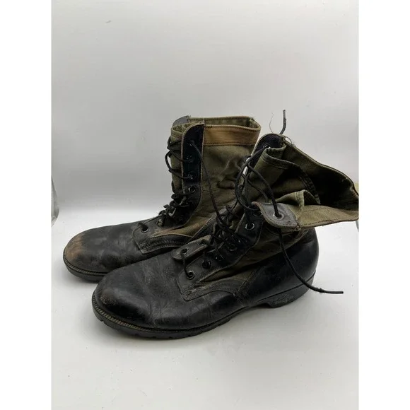 Vintage 90s Military Jungle Boots Black Leather Olive Canvas Panama Sole Size 10
