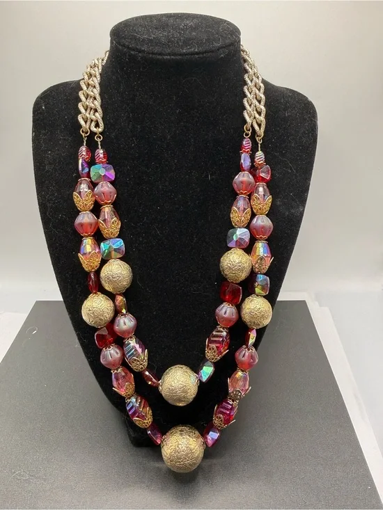 Vintage Signed Hobe Red Aurora Borealis Bead Necklace 18” + Extender