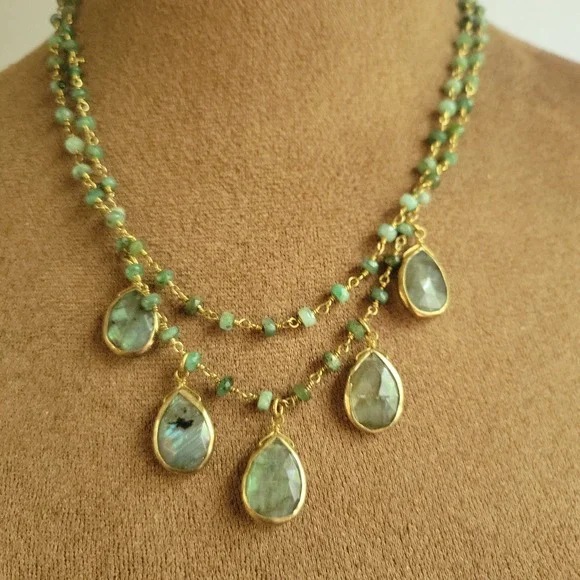 Rachel Reinhardt Green Gemstone Beaded Teardrop Necklace 18