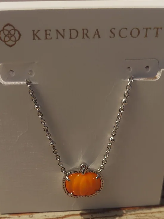 Kendra Scott Silver Necklace with Bright Orange Pumpkin Pendant