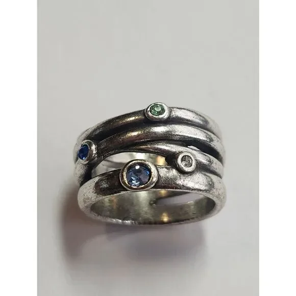 Sterling Silver Blue Green CZ Modernist Wide Band Ring Layered Open Work Sz 7.5