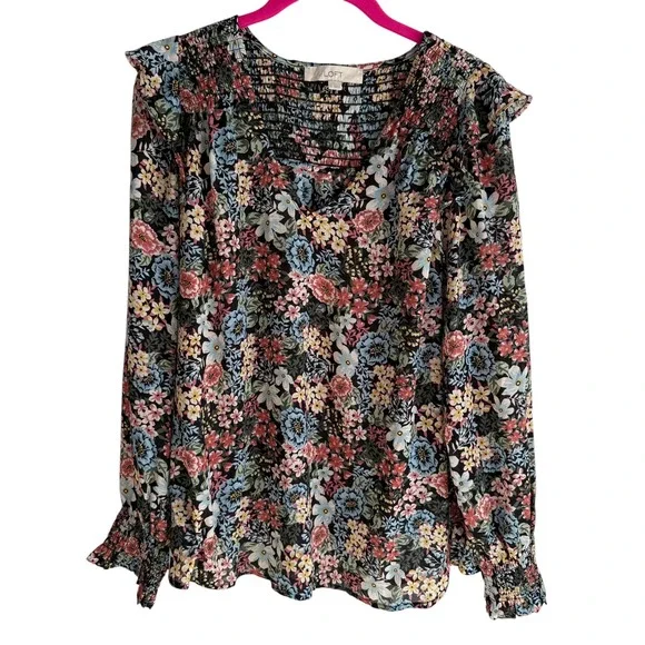 LOFT Bouquet Floral Flirty V-Neck Puff‎ Sleeves Ladies Multi Color Blouse, L