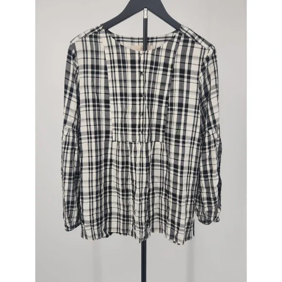 LOFT Womens Black White Plaid Button Babydoll Blouse Size M Rayon Puff Sleeve