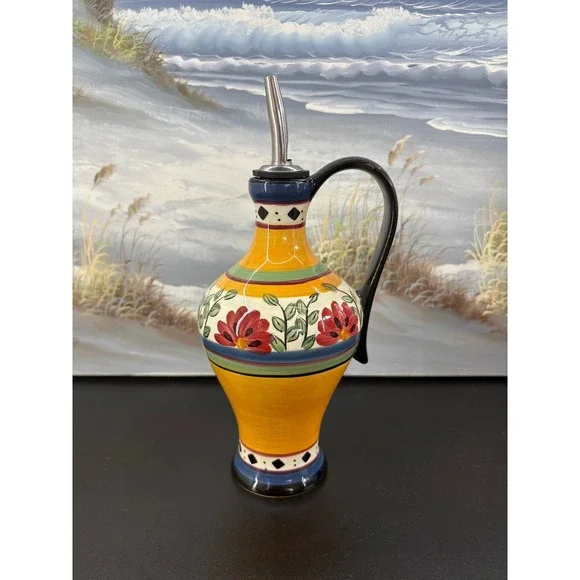 Pier 1 Alexandria Hand Painted Earthenware Oil Vinegar Cruet Floral Yellow Red
