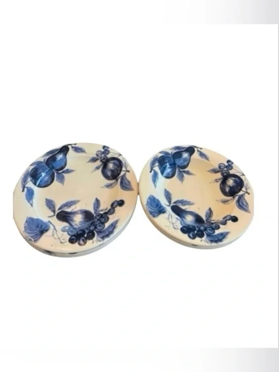 Pier 1 Earthenware Melinda blue fruit pears (3) soup bowls & (3) dinner plates