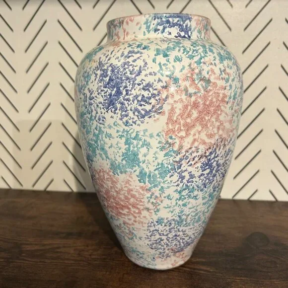 Vintage Pier 1 Italy Spongeware Ceramic Vase 10″ Pastel Speckled Home Decor 90's