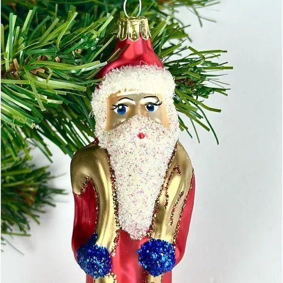 Vintage PIER 1 Blown Mercury Glass Santa Christmas Ornament Red White Gold