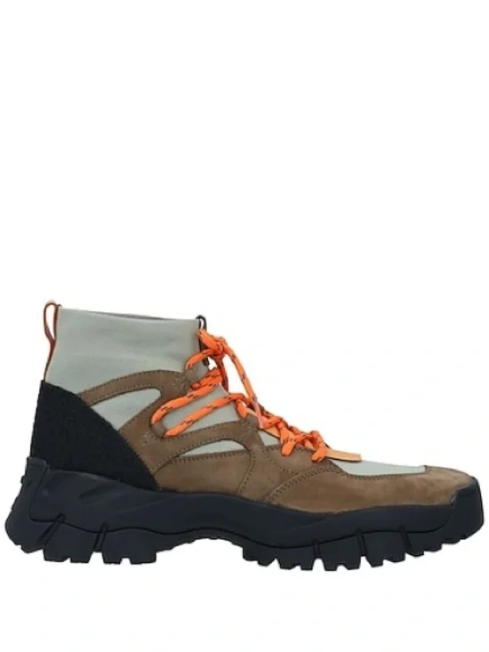 Tod's Brown and Olive Suede High-Top Trail Boot with Orange Laces