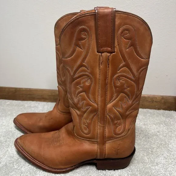 Frye Bruce Leather Cowboy Boots Women 8.5 B Embroidered Brown Pull On Mexico