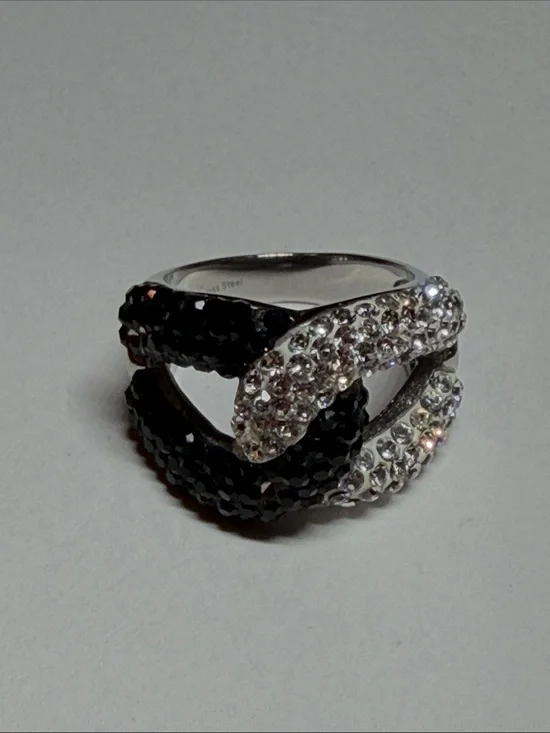 Silver-Tone Black and Clear Crystal Cross-Over Ring