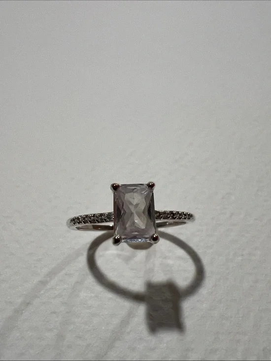 Silver Emerald-Cut Clear Stone Ring - White