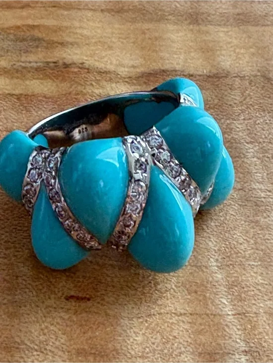 925 Sterling Silver, Turquoise & CZ-Accent Statement Ring - Size 6.25