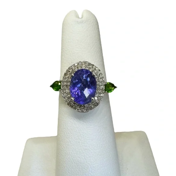 Tanzanite, diopside and diamond 925 silver ring