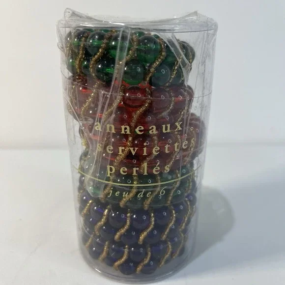 Pier 1 Imports‎ Glass Beaded Napkin Rings Holders 6 Red Blue Green Gold Decor