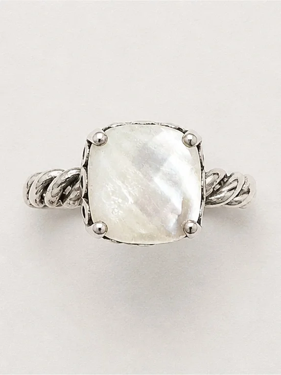 Pandora Cushion Mother of Pearl Ring Twisted Silver Band Size 7 - Women Jewelry