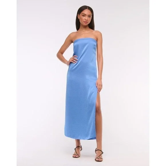 Abercrombie Blue‎ Strapless Maxi Dress Size XL Satin Slip Autumn Wedding Guest